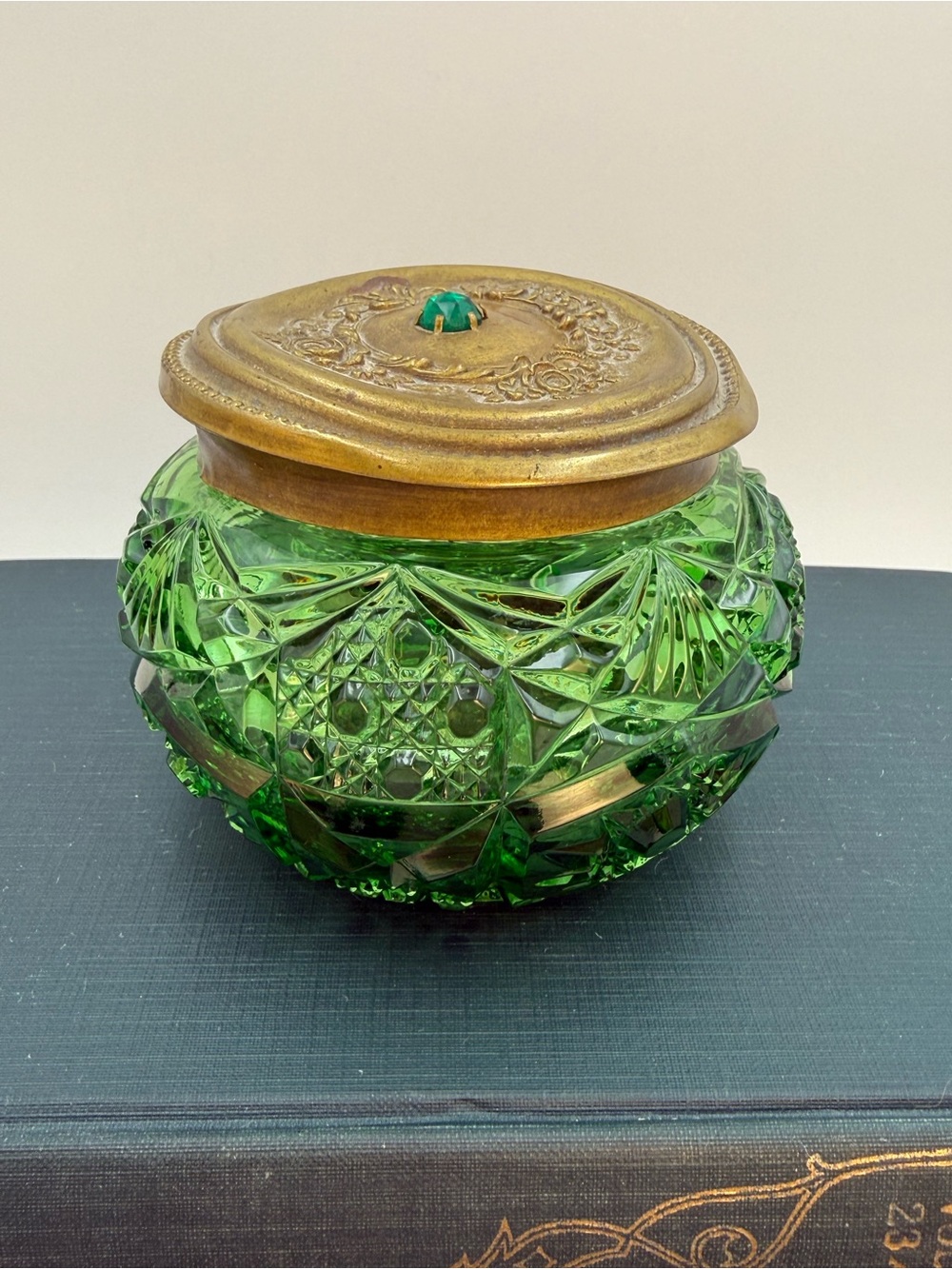 Vintage Green Glass Vanity Jar with Metal and Jeweled Top